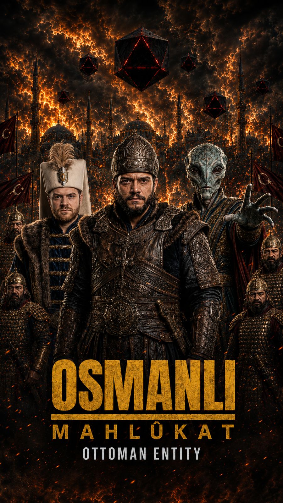 Ottoman Entity poster artwork showing Ottoman warriors beside an alien beneath hovering craft.
