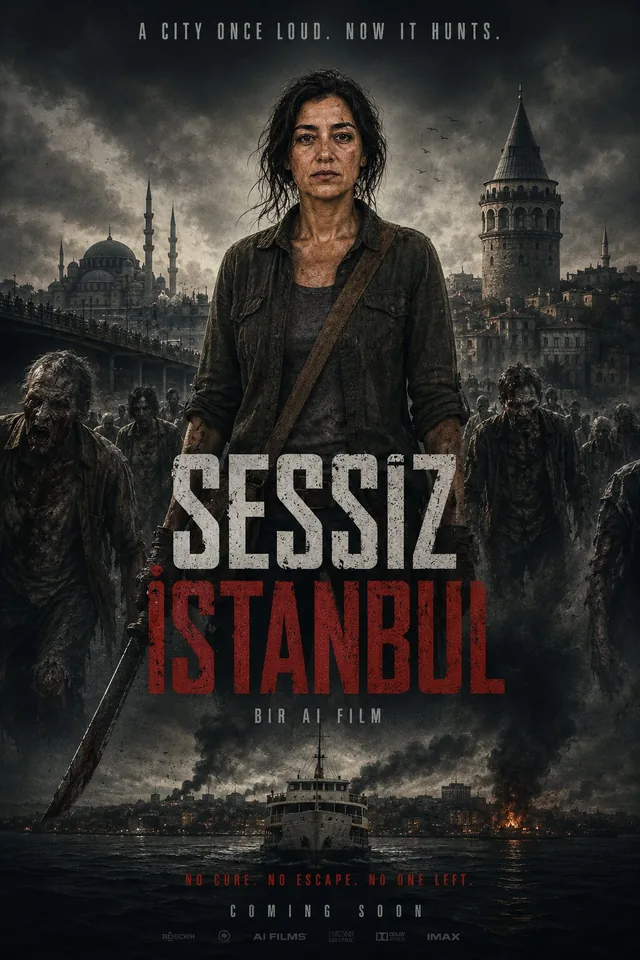 Silent Istanbul poster artwork showing a female survivor surrounded by zombies before the Istanbul skyline.