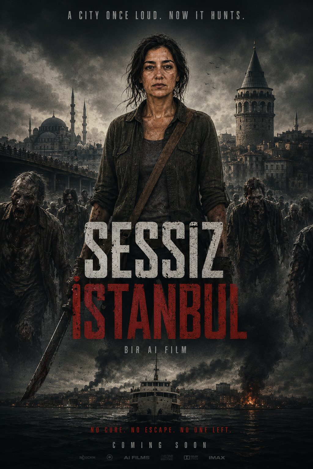 Silent Istanbul poster artwork showing a female survivor surrounded by zombies before the Istanbul skyline.